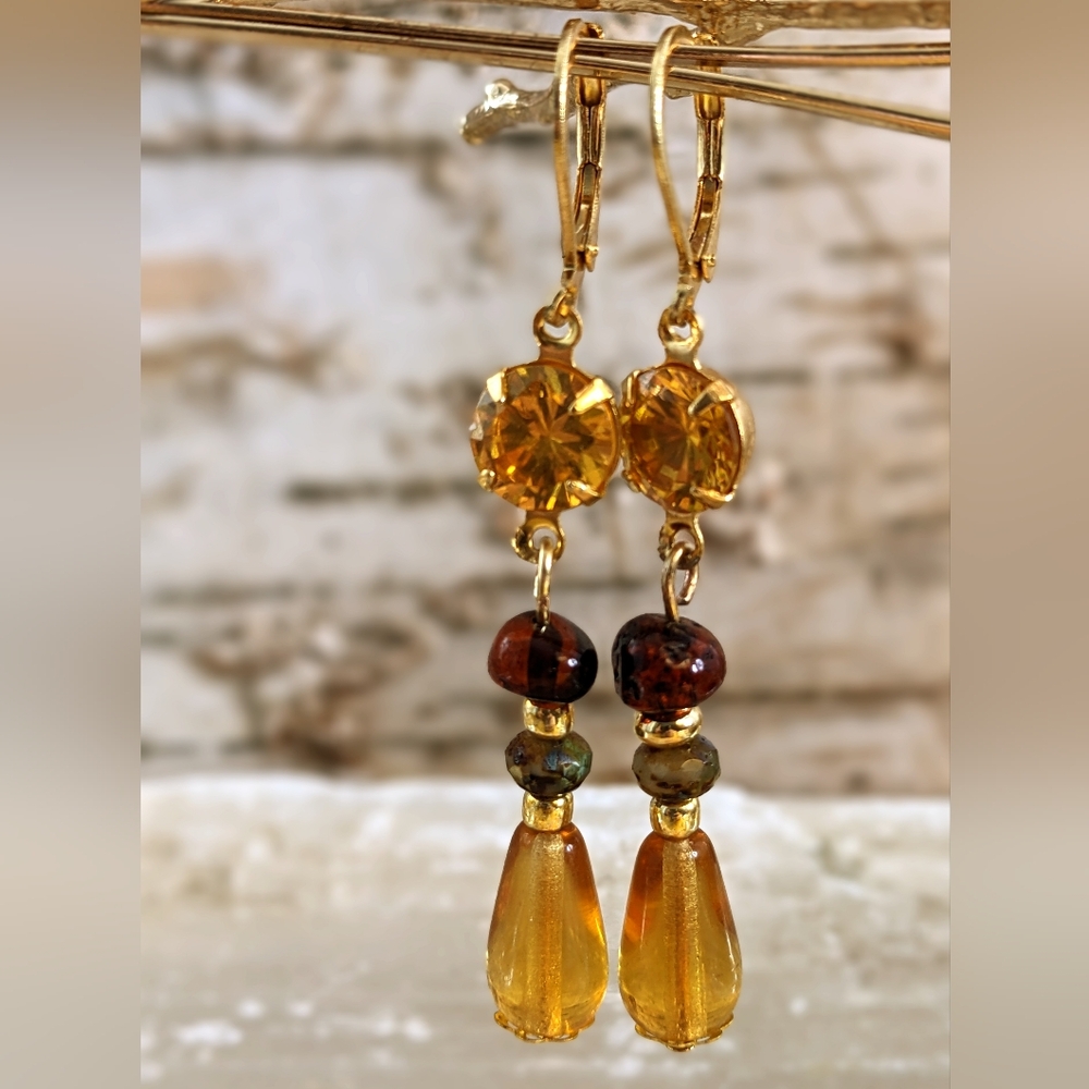 Genuine 5 Carats Yellow Sapphire & Amber  Beads Drop Down Earrings